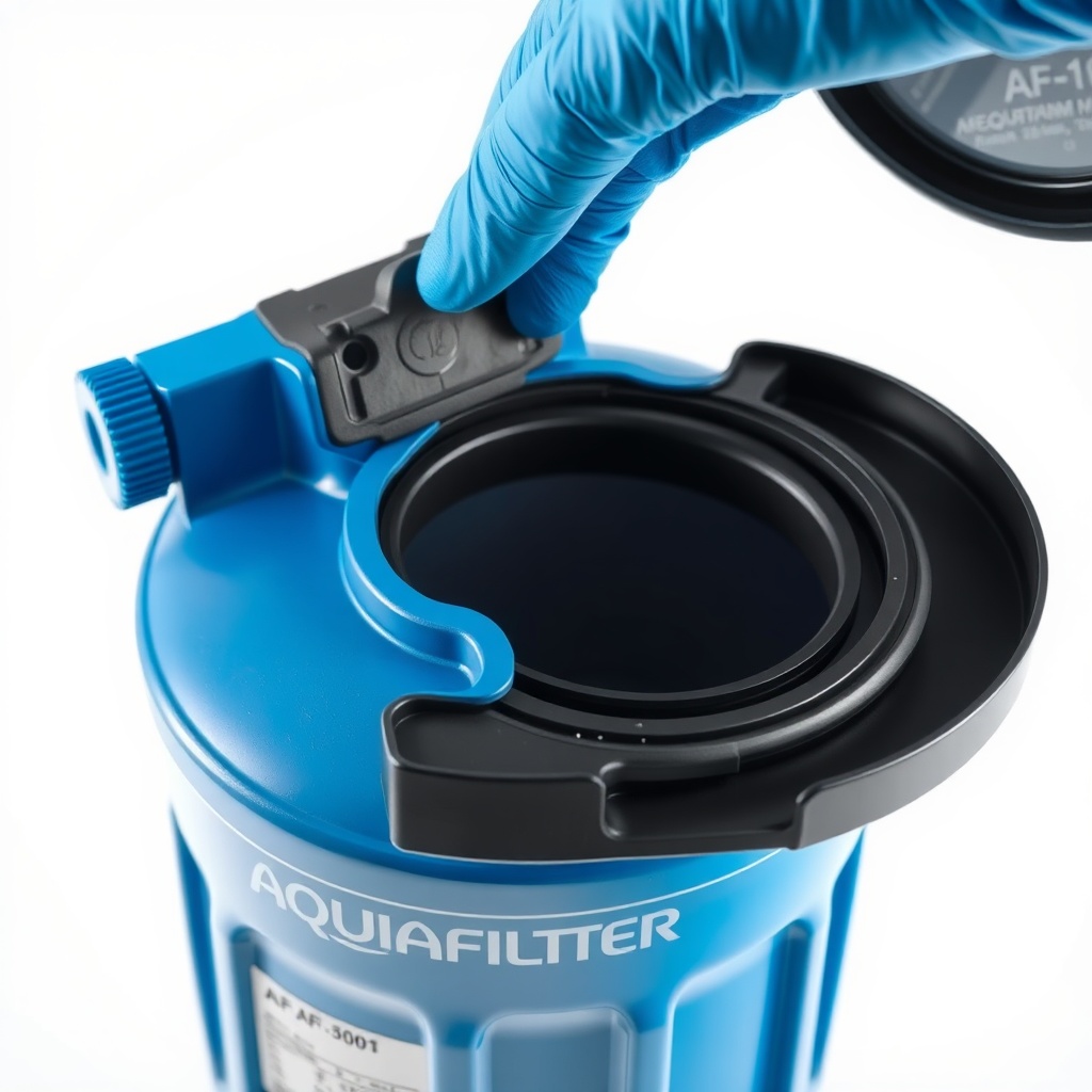 <A hyper-realistic close-up photo of an AQUAFILTER AF-1500 pressure tank with the top cove