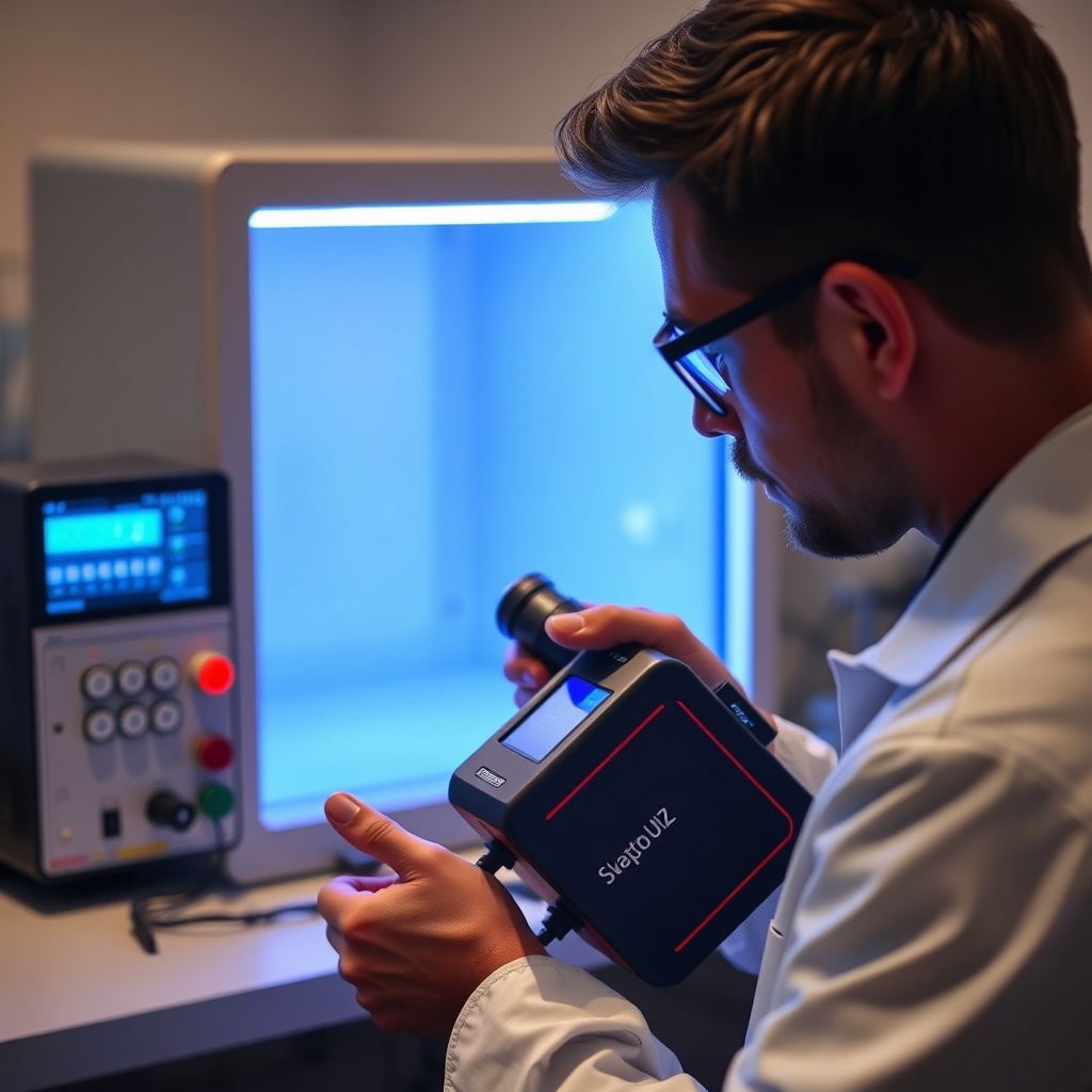 <clean photorealistic photo of a technician using a portable UV calibration tool on a sens