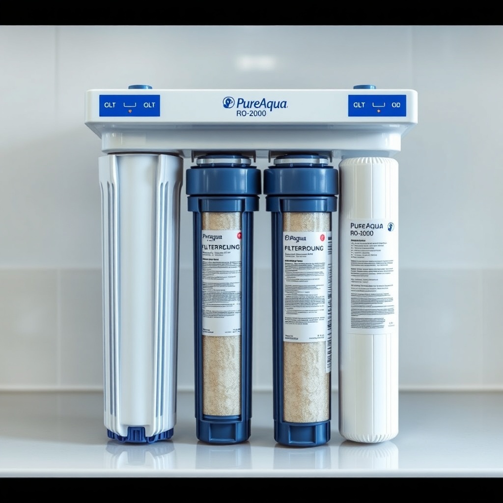 <A photorealistic photo showing a PureAqua RO-2000 system with its two front filter housin