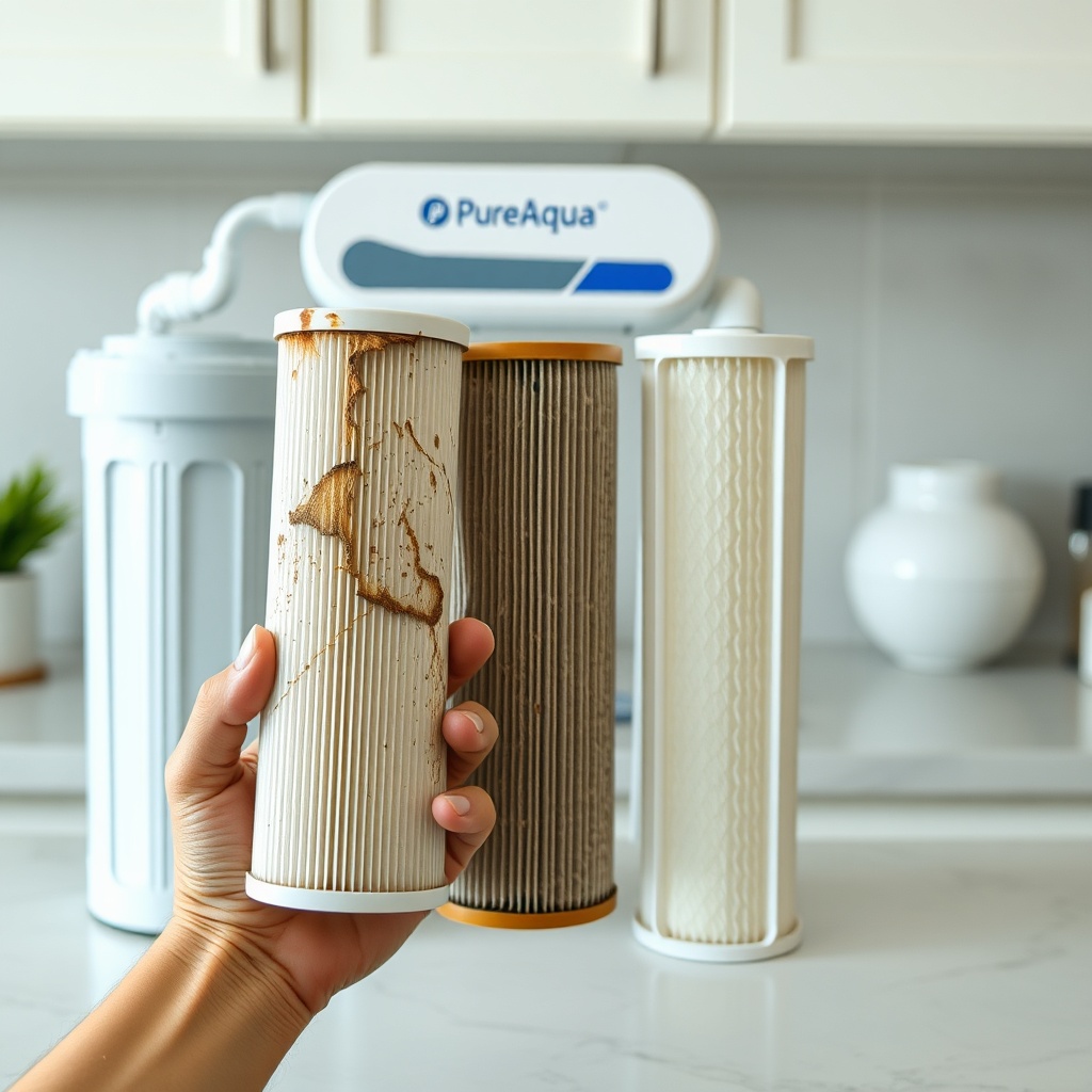 <A photorealistic photo showing a homeowner holding a dirty old filter cartridge next to a