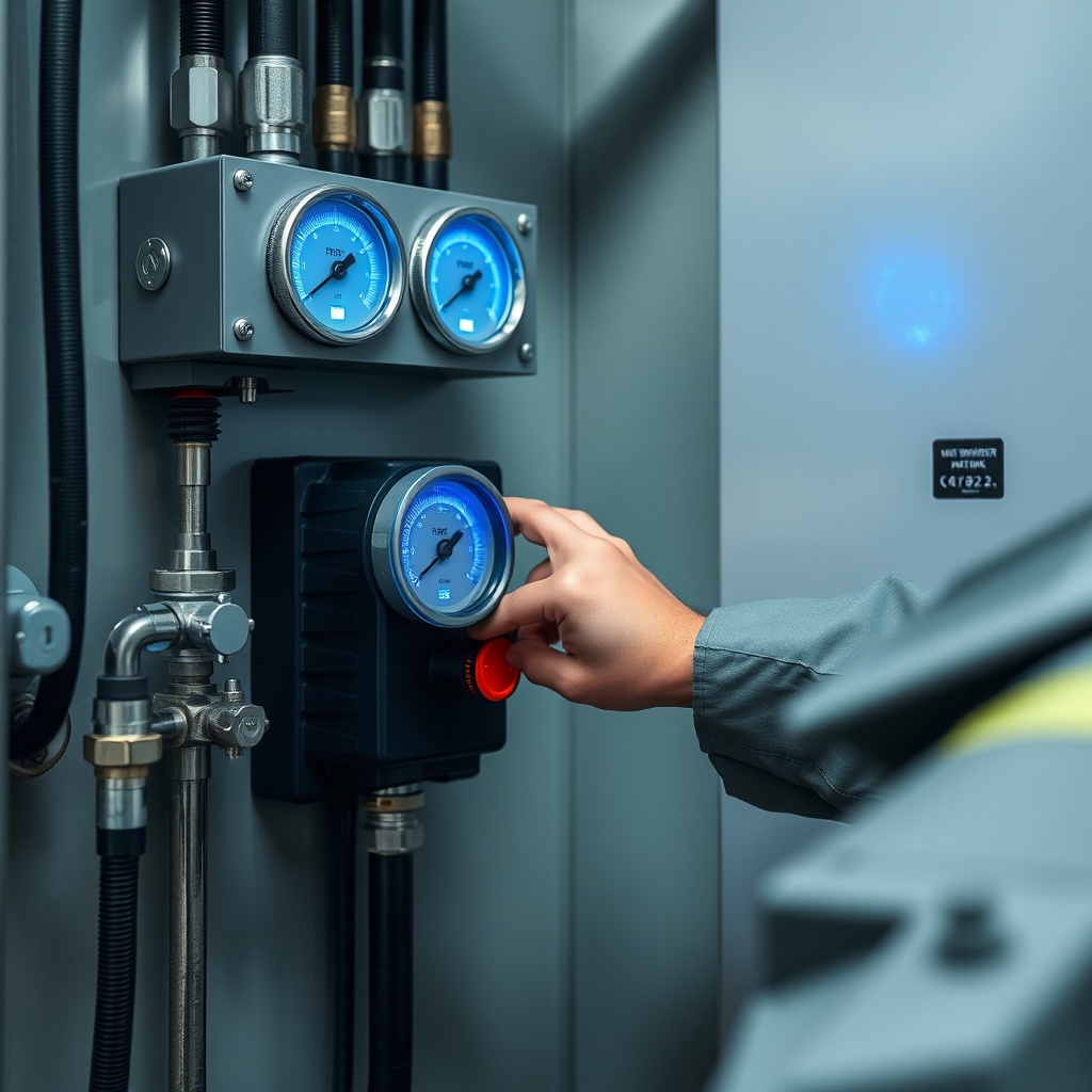 <clean photorealistic photo of a technician checking a pressure switch on an industrial wa