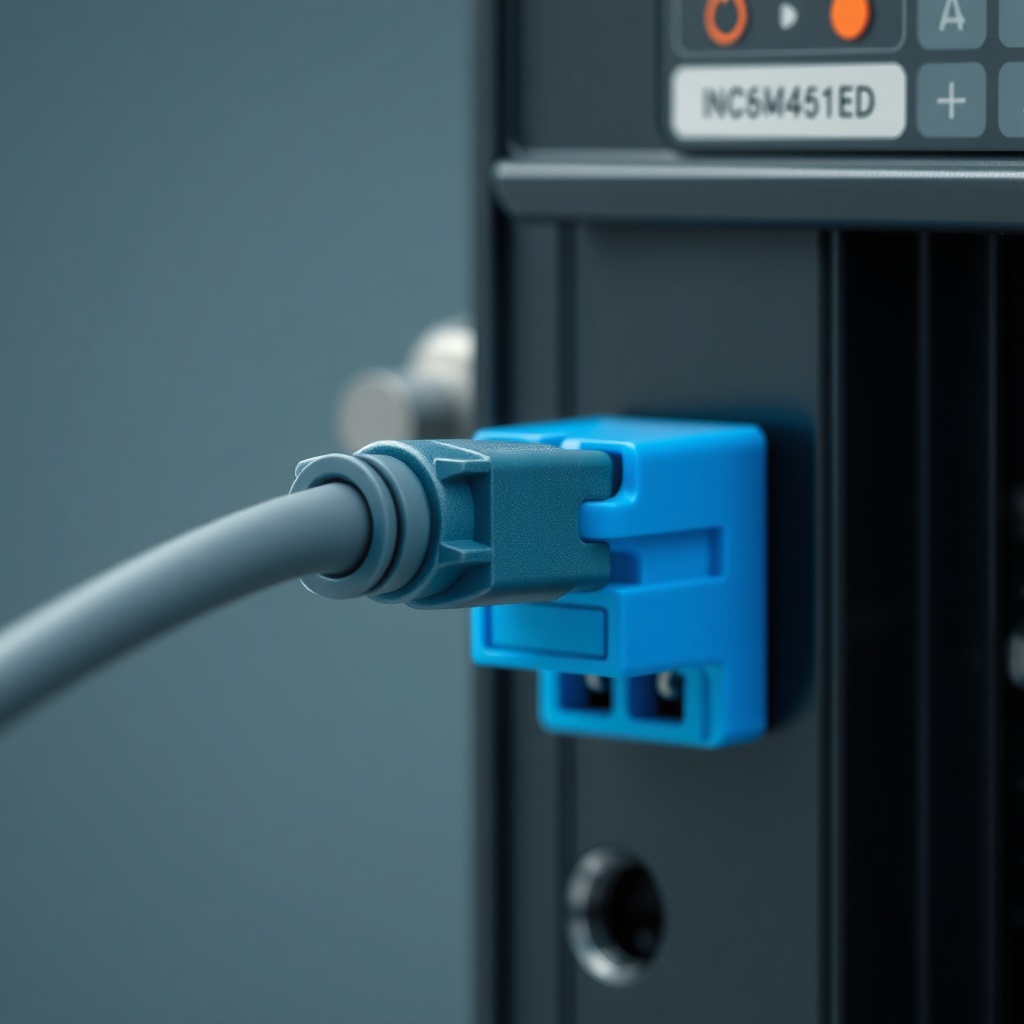 <clean photorealistic photo of an RS485 cable connection to an industrial controller