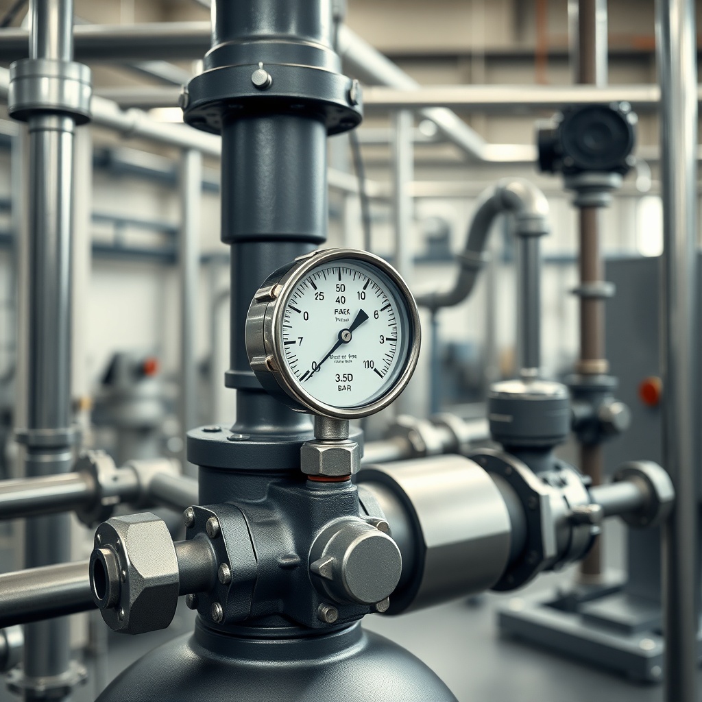 Realistic photo of an industrial water pump installation with a pressure gauge showing 3