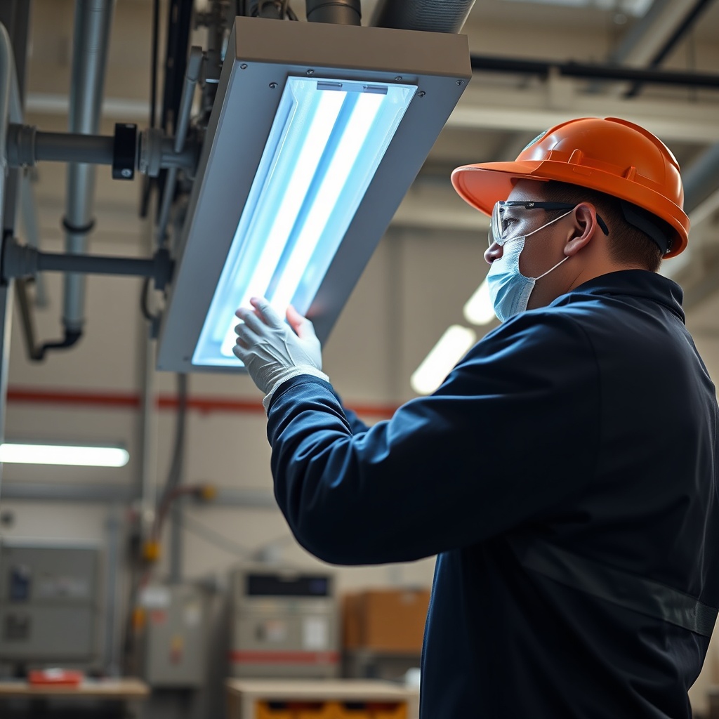 <clean photorealistic photo of an industrial UV system installation