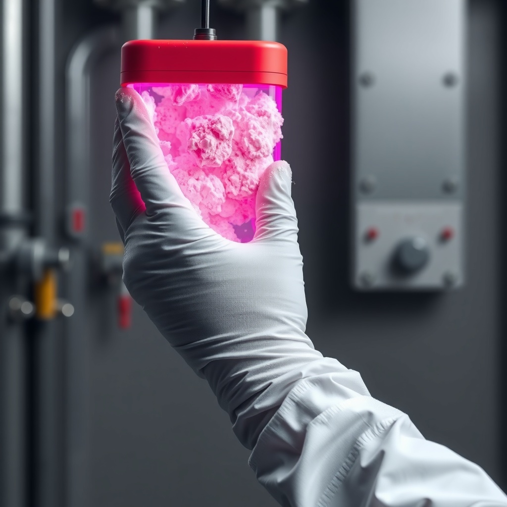 <A clean photorealistic photo of a technician's hand holding a UV lamp covered in white mi