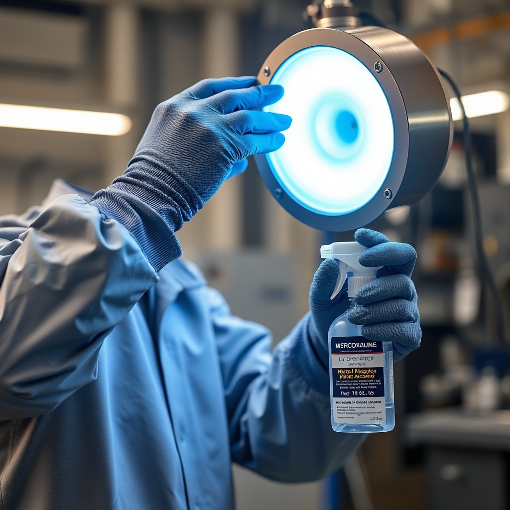 <clean photorealistic photo of a maintenance technician wearing gloves cleaning a UV lamp