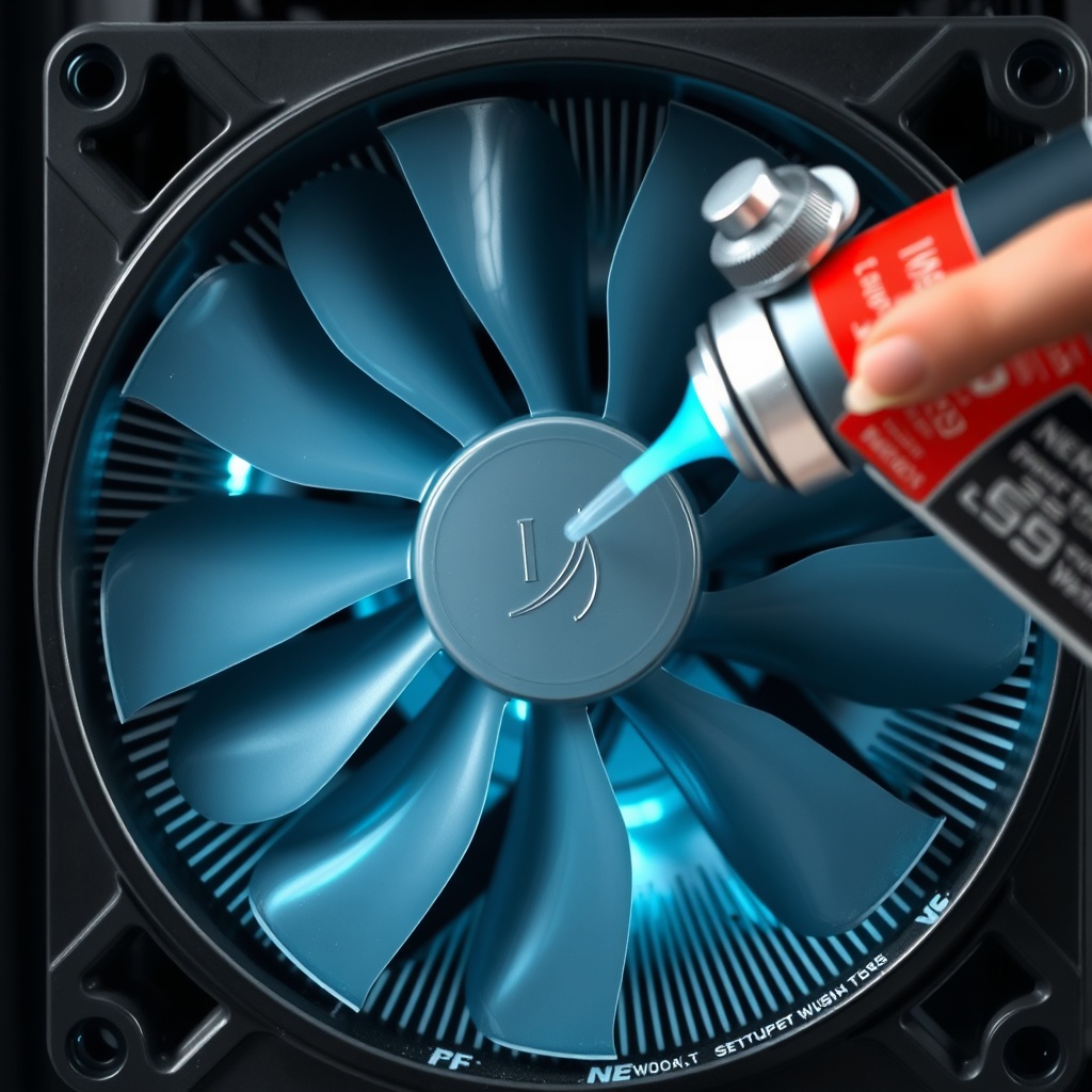 <clean photorealistic photo of a UV unit cooling fan being cleaned with compressed air (no