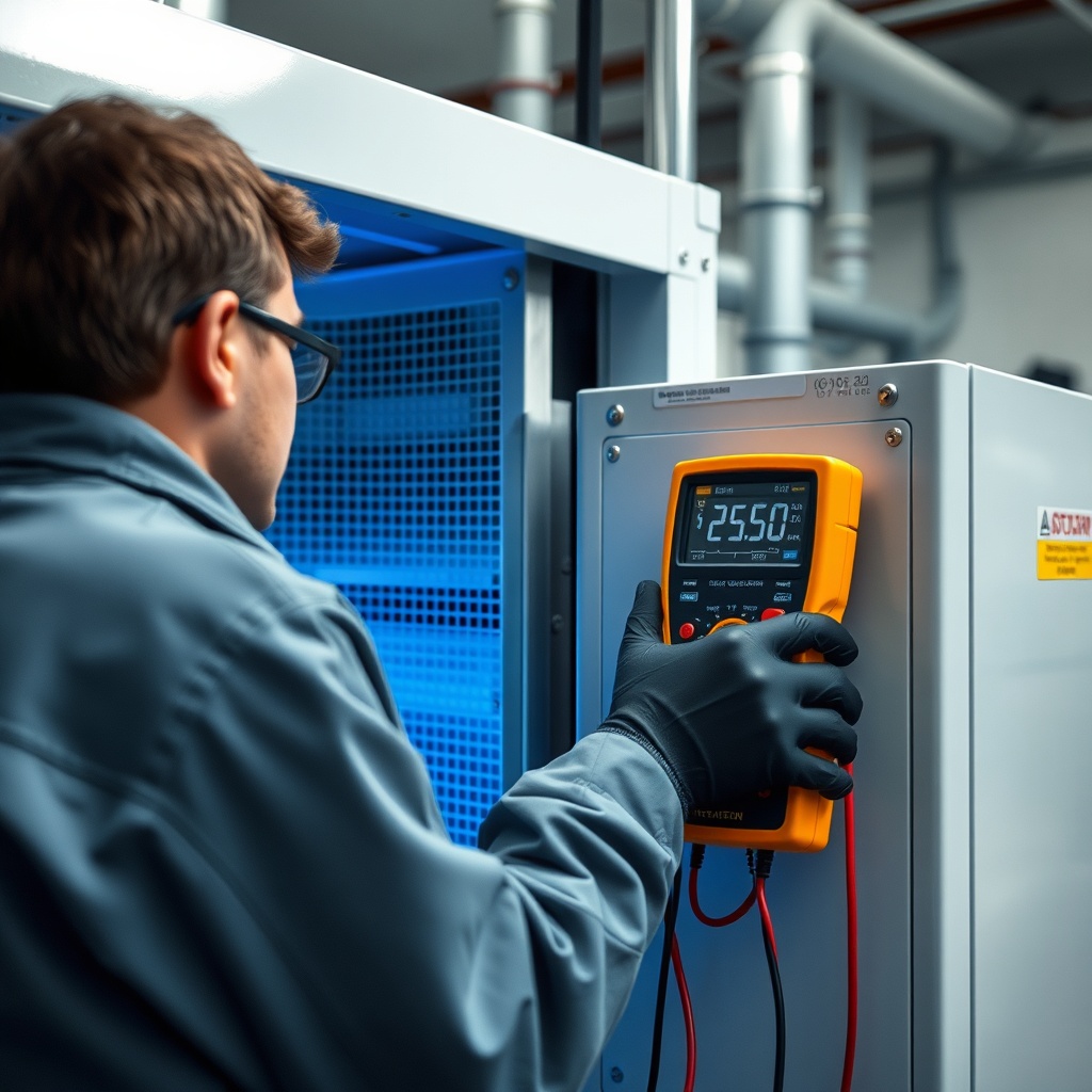 Technician inspecting a UV system's cooling unit with a multimeter