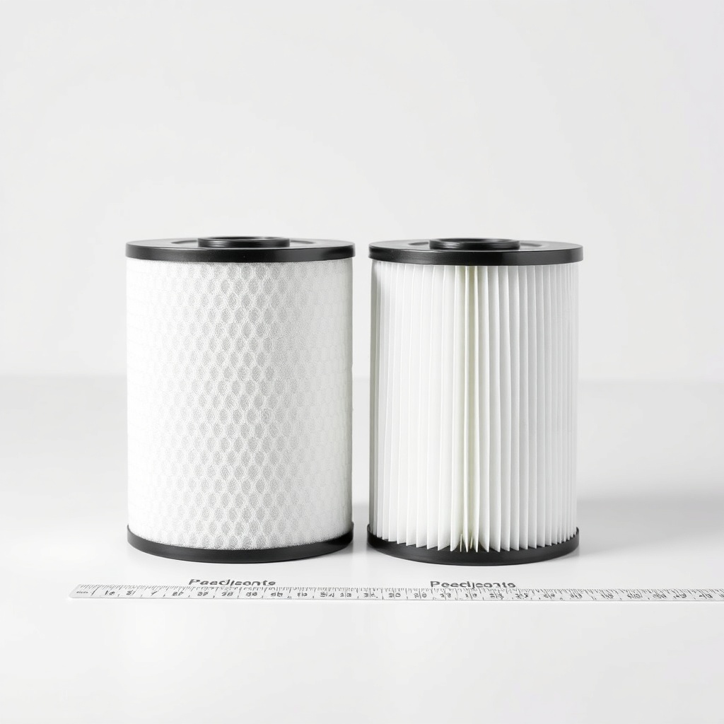 <clean photorealistic photo/illustration showing two different filter cartridges (PP melt