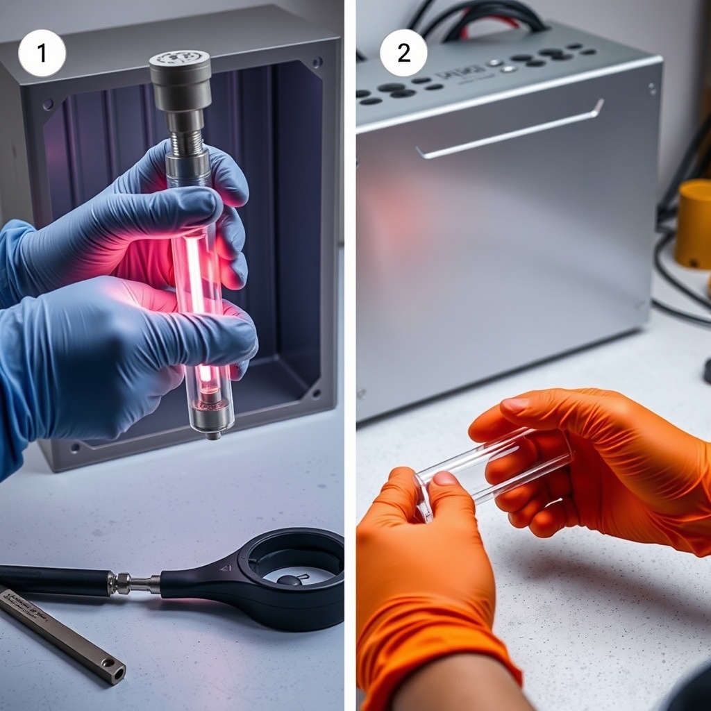 A step-by-step photorealistic image showing gloved hands installing a new quartz tube into