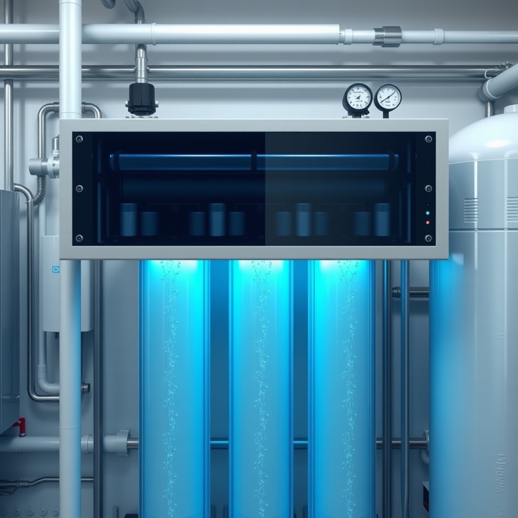 A photorealistic image of an industrial water treatment facility with a large UV unit and