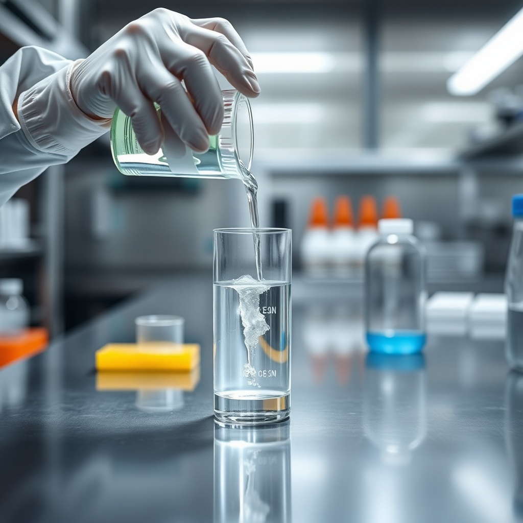 A photorealistic photo of a lab technician wearing gloves and goggles