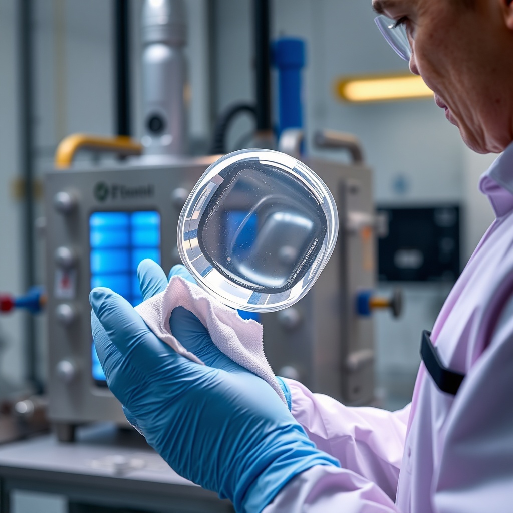 A technician wearing gloves cleaning a quartz sleeve with a microfiber cloth