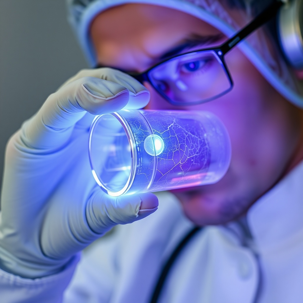 <clean photorealistic photo of a technician inspecting a quartz sleeve with UV light