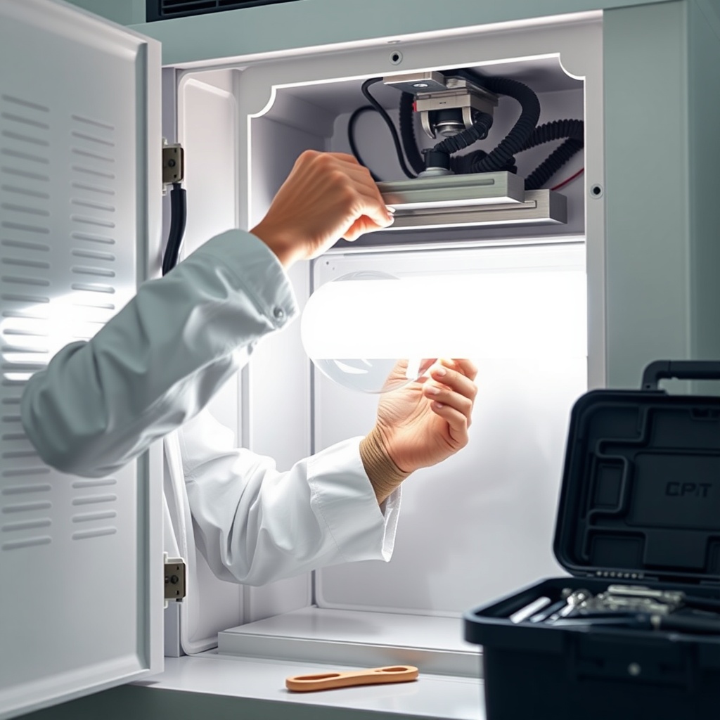 <clean photorealistic photo/illustration of a technician changing a UV lamp inside an Endü