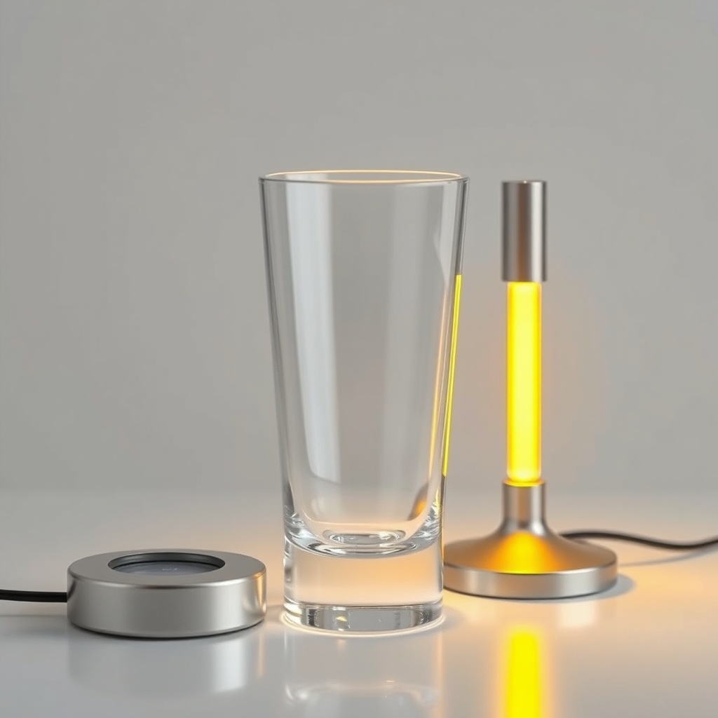 <clean photorealistic photo/illustration of a clean quartz glass being inspected against l