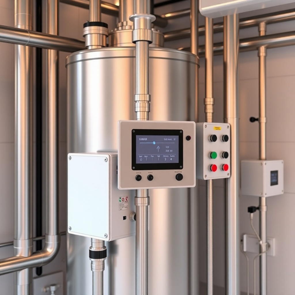 Clean photorealistic photo of an industrial UV reactor with the automatic cleaning module