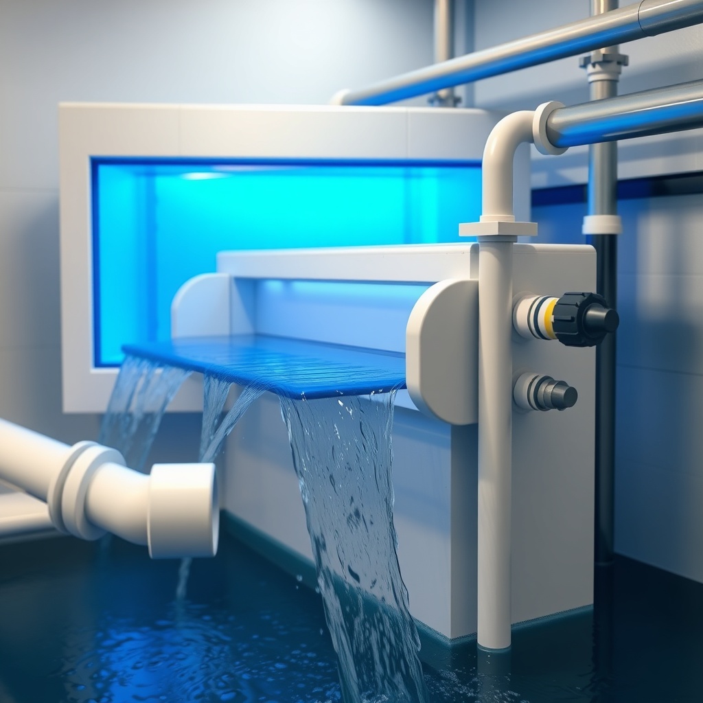 Clean photorealistic photo of an industrial water treatment plant with the UV module in op