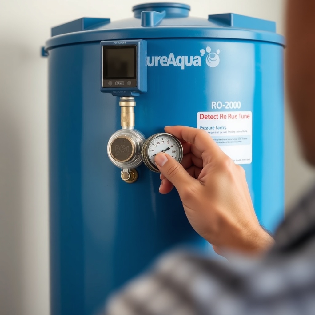 A close-up photorealistic photo of a man checking the air pressure valve of a PureAqua RO-