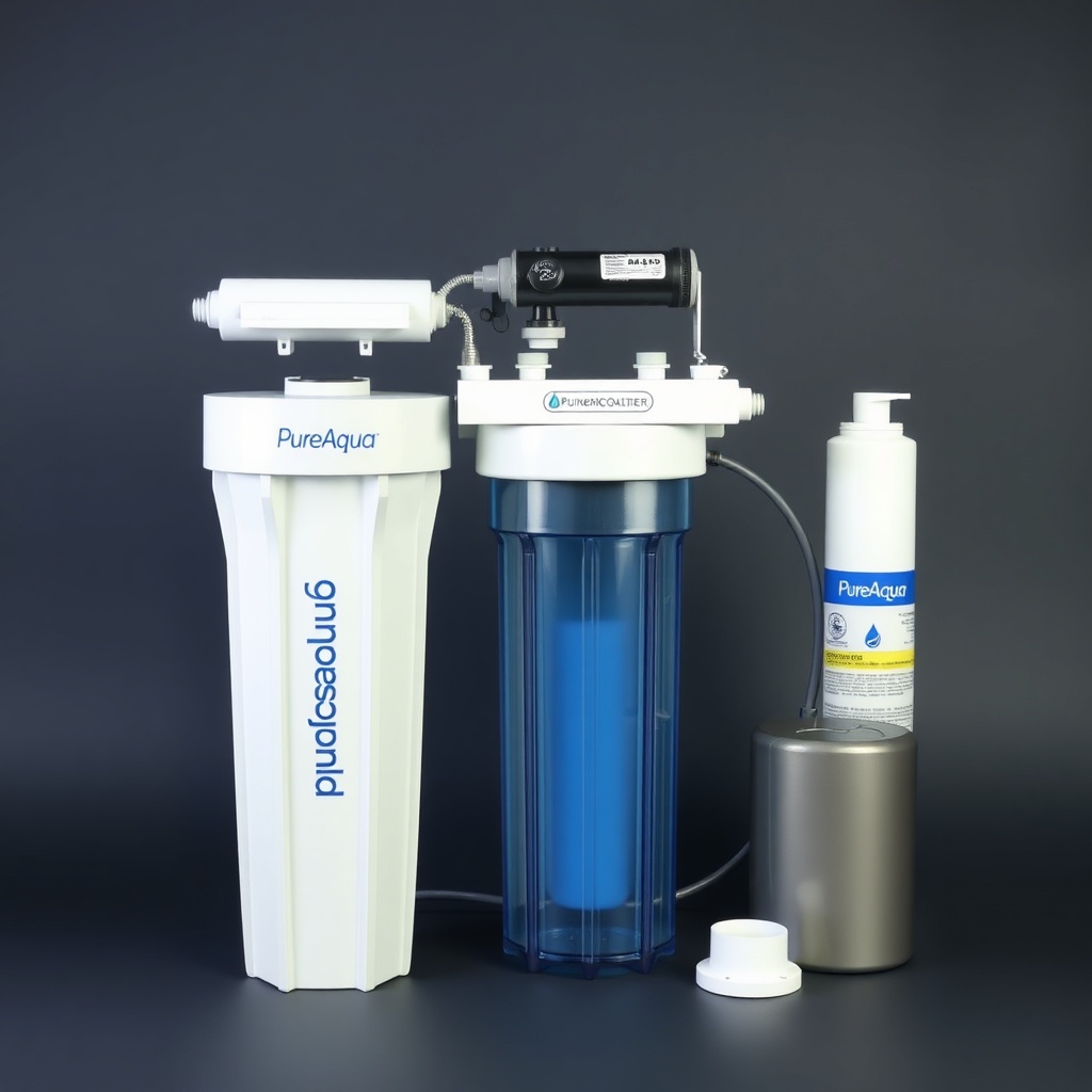 A photorealistic photo showing a PureAqua RO-2000 system with pressure tank