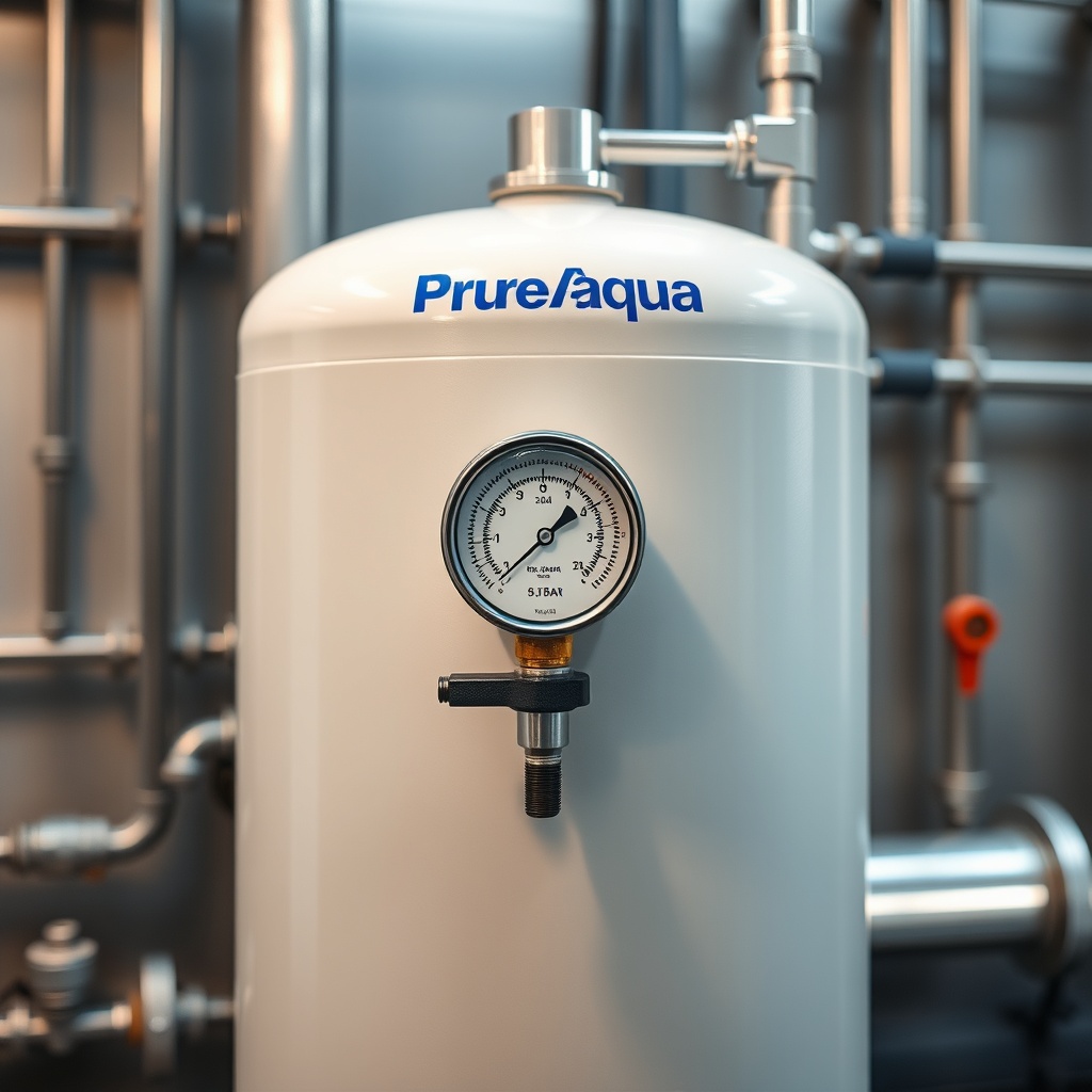 <clean photorealistic photo of a PureAqua RO-2000 pressure tank with a manometer attached