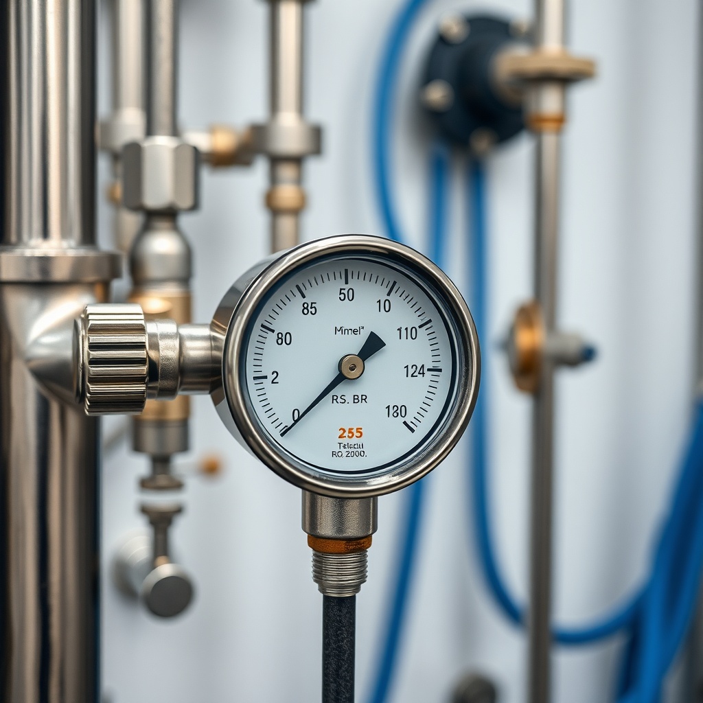 <clean photorealistic photo of an industrial manometer showing 2