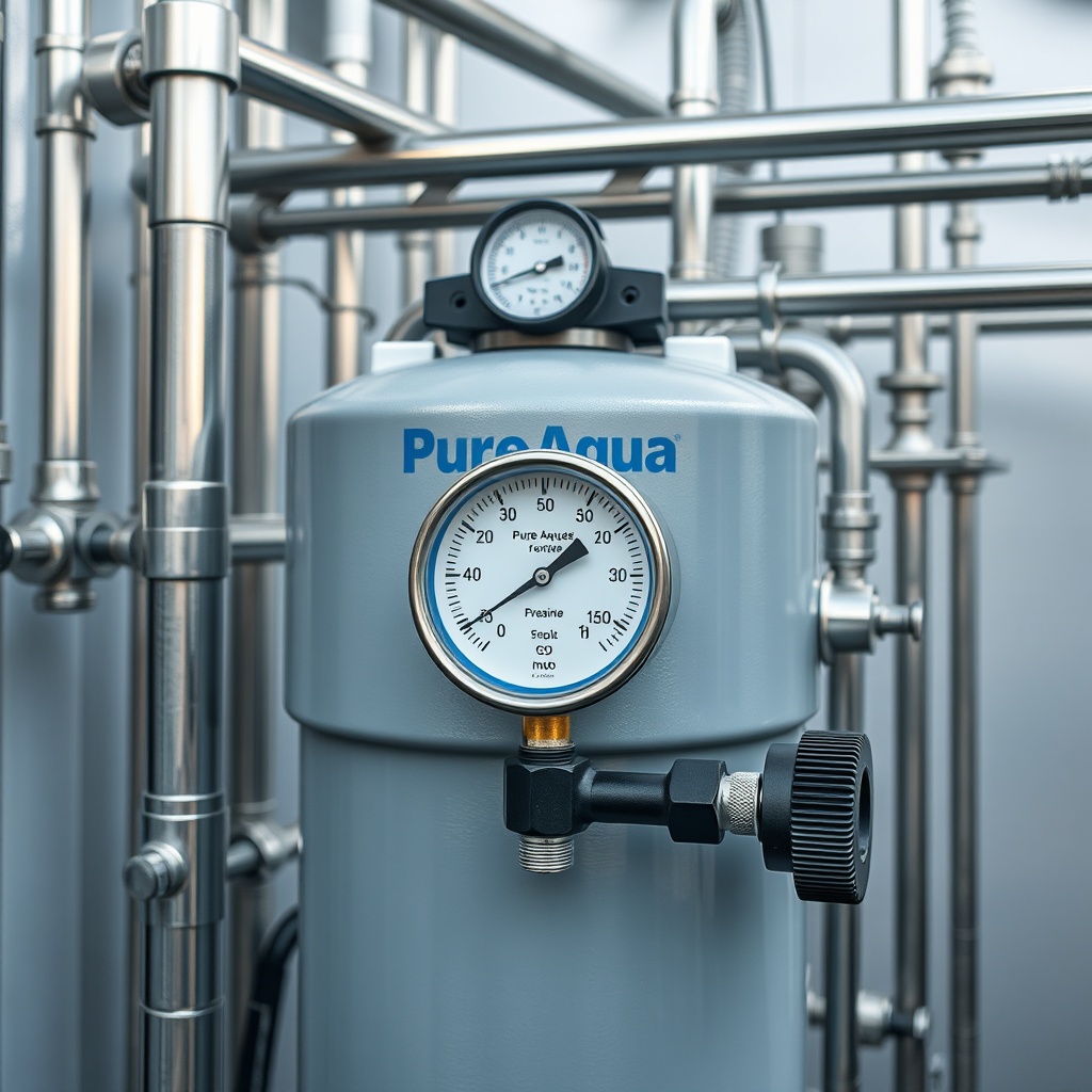 A close-up photorealistic photo of a PureAqua RO-2000 basınç tankı with a pressure gauge a