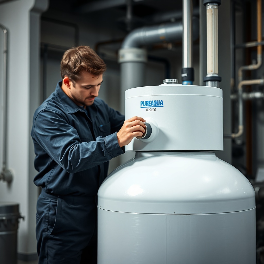 A photorealistic photo of a technician adjusting the air pressure valve on a PureAqua RO-2