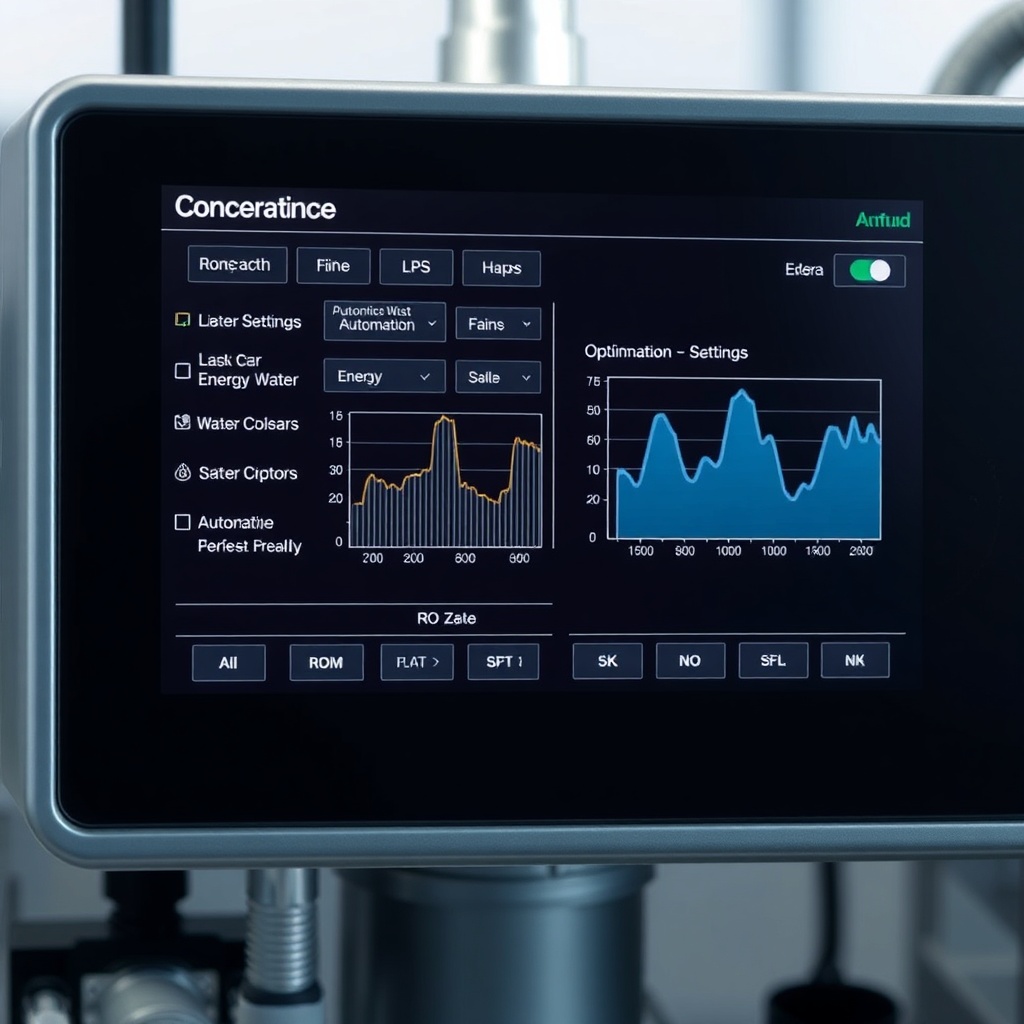 <clean photorealistic photo/illustration of PureAqua RO-2000 automation settings on HMI sc