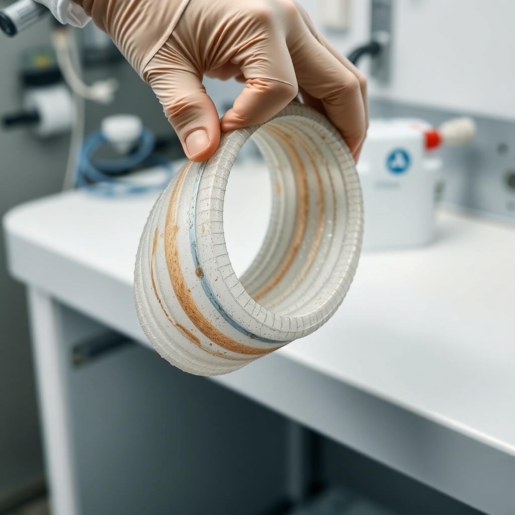 Close-up of a technician's hand holding a used spiral-wound reverse osmosis membrane
