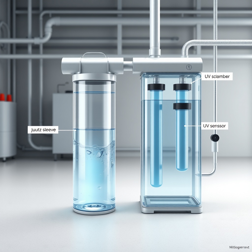 Photorealistic illustration showing water flow from RO membrane to UV chamber
